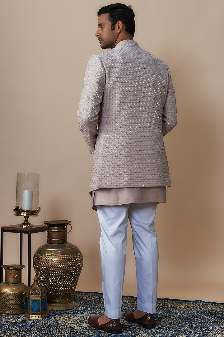 Peach Lucknowi Thread Hand Work Wedding Indowestern Set by Nero by Shaifali & Satya at Pernia's Pop Up Shop