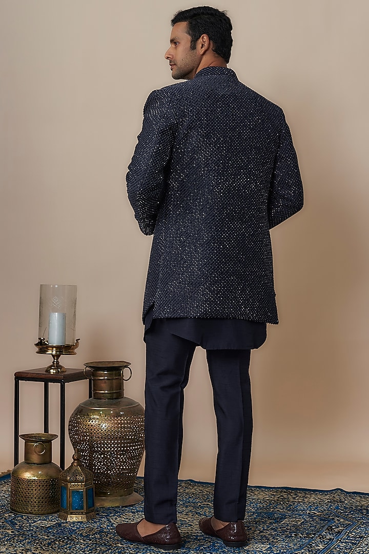 Blue Lucknowi Thread Hand Work Wedding Indowestern Set by Nero by Shaifali & Satya at Pernia's Pop Up Shop