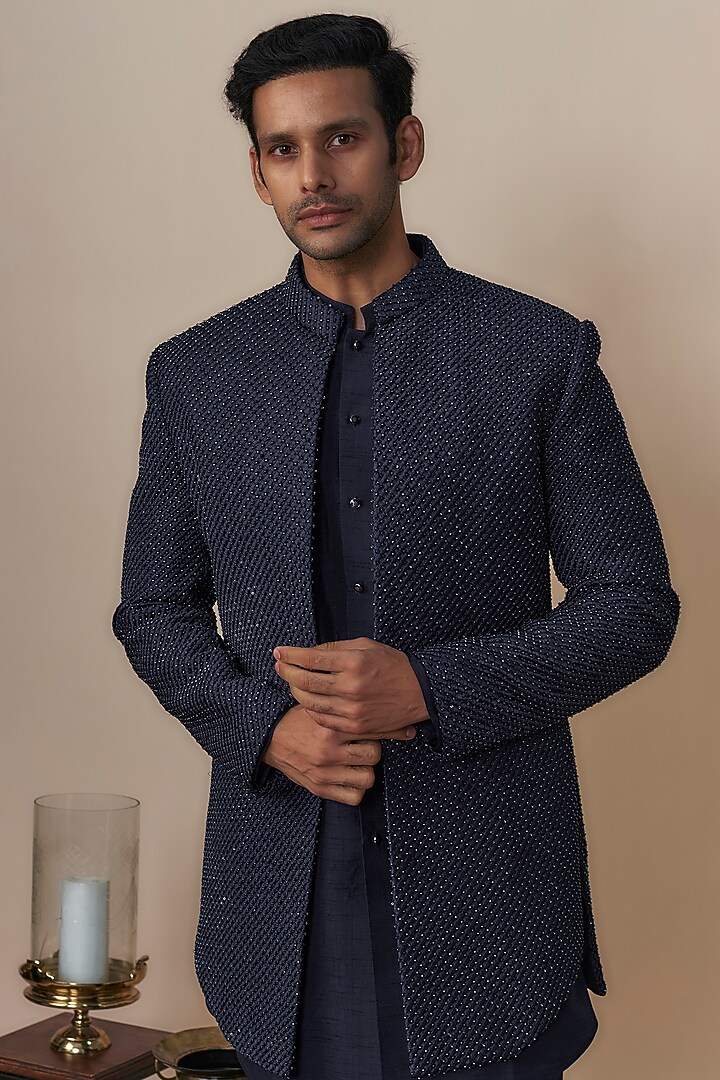 Blue Lucknowi Thread Hand Work Wedding Indowestern Set by Nero by Shaifali & Satya at Pernia's Pop Up Shop