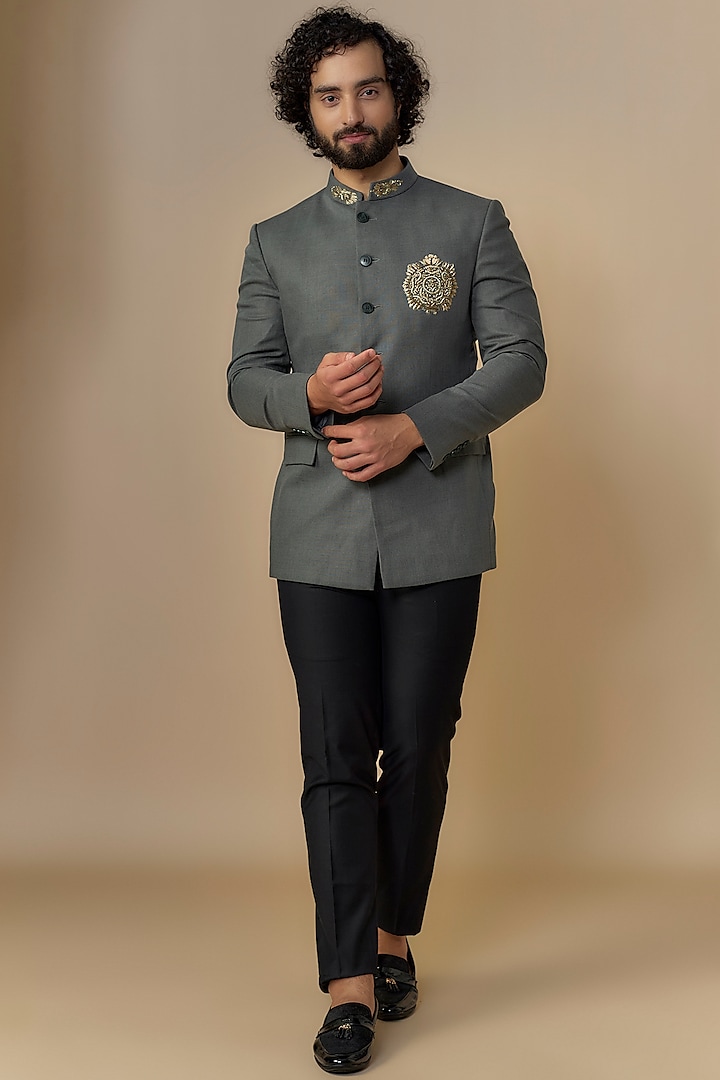 Grey Suiting Cutdana Handwork Bandhgala Set by Nero by Shaifali & Satya