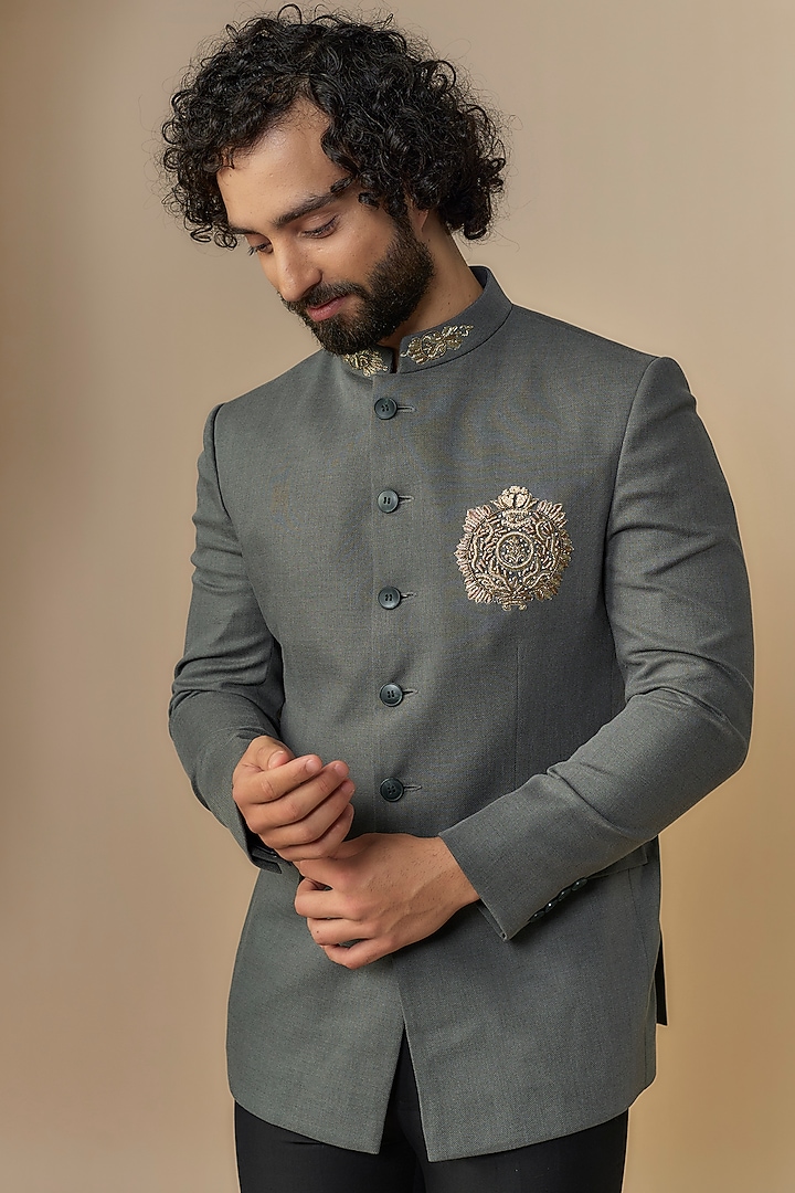 Grey Suiting Cutdana Handwork Wedding Bandhgala Set by Nero by Shaifali & Satya at Pernia's Pop Up Shop