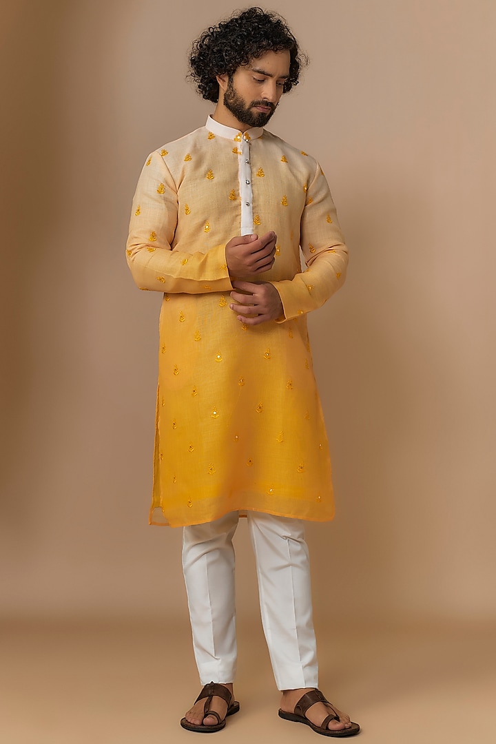 Yellow Ombre Linen Silk Self Work Kurta Set by Nero by Shaifali & Satya