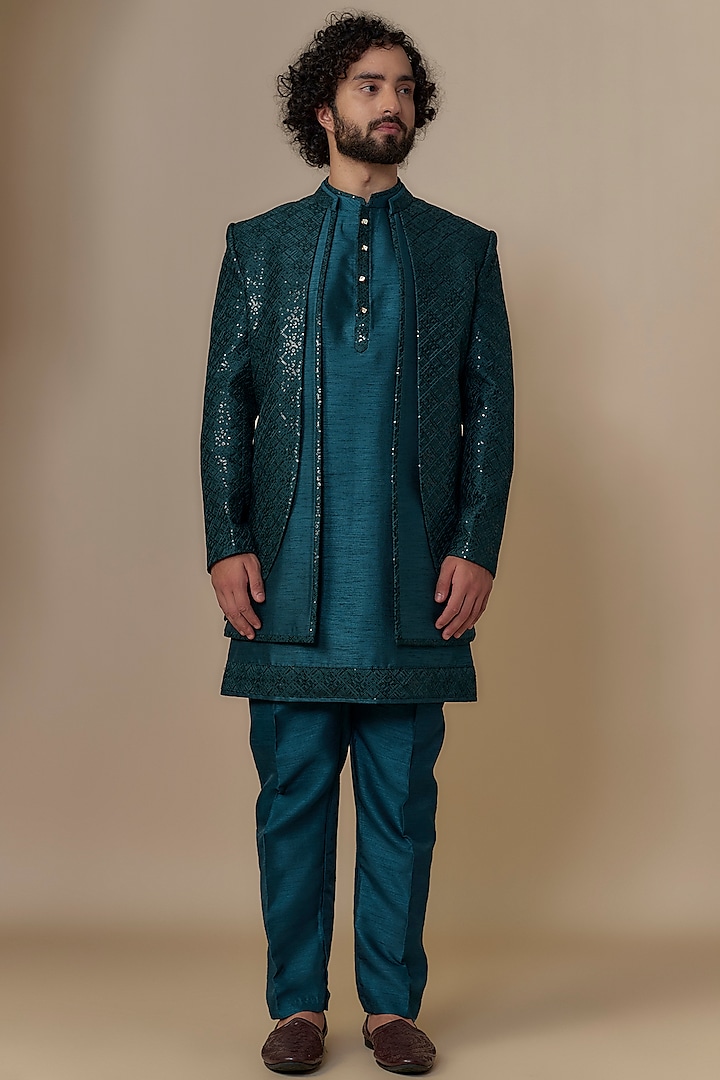 Teal Blue Silk Embroidered Open Indowestern Set by Nero by Shaifali & Satya