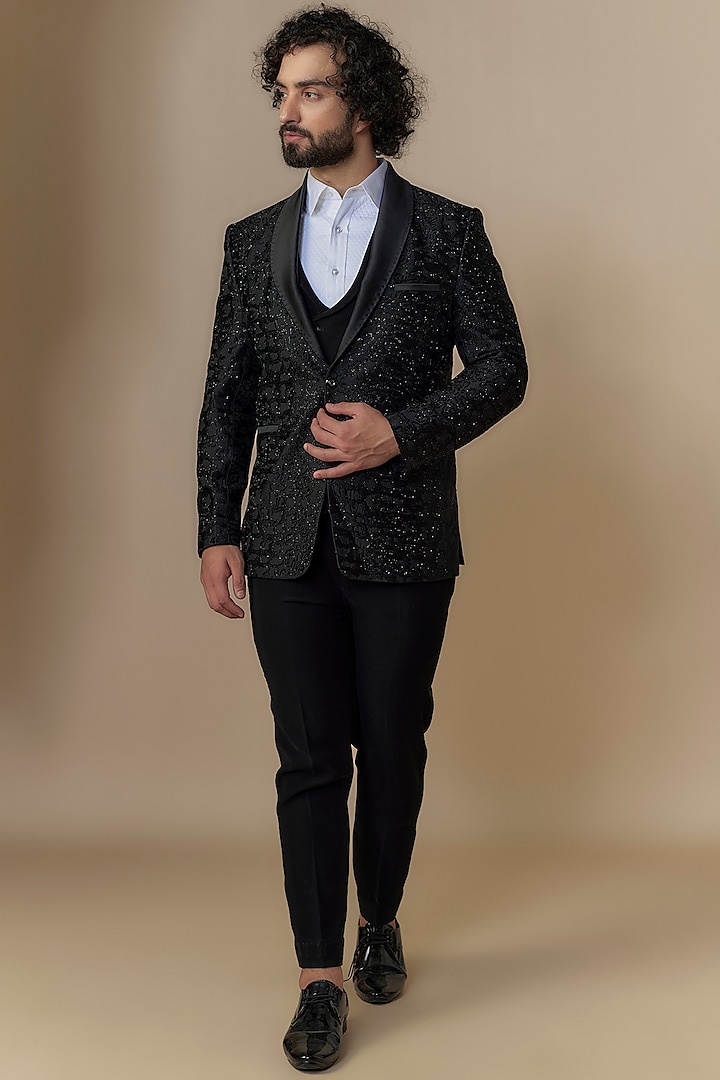 Black Lucknowi Cutdana Handwork Tuxedo Set by Nero By Shaifali & Satya at Pernia's Pop Up Shop