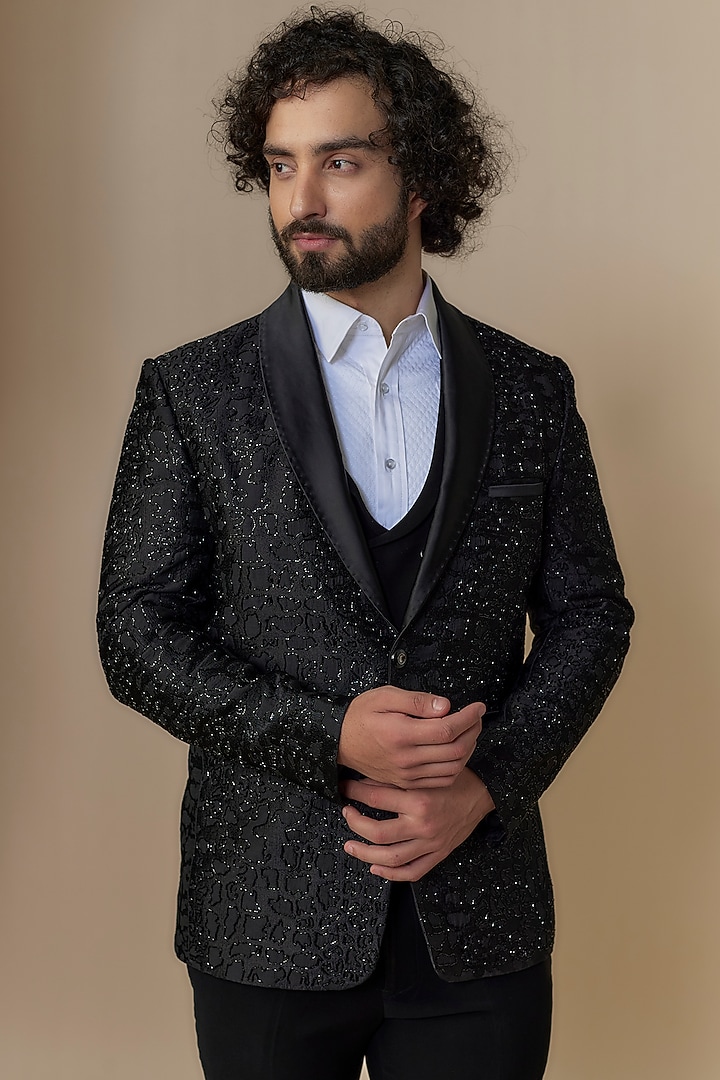 Black Lucknowi Cutdana Handwork Tuxedo Set by Nero by Shaifali & Satya at Pernia's Pop Up Shop