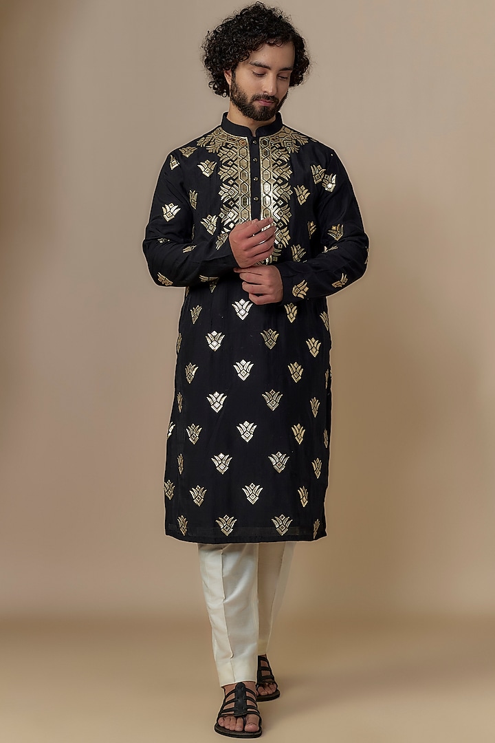 Black Silk Gold Cutwork Kurta Set by Nero by Shaifali & Satya at Pernia's Pop Up Shop