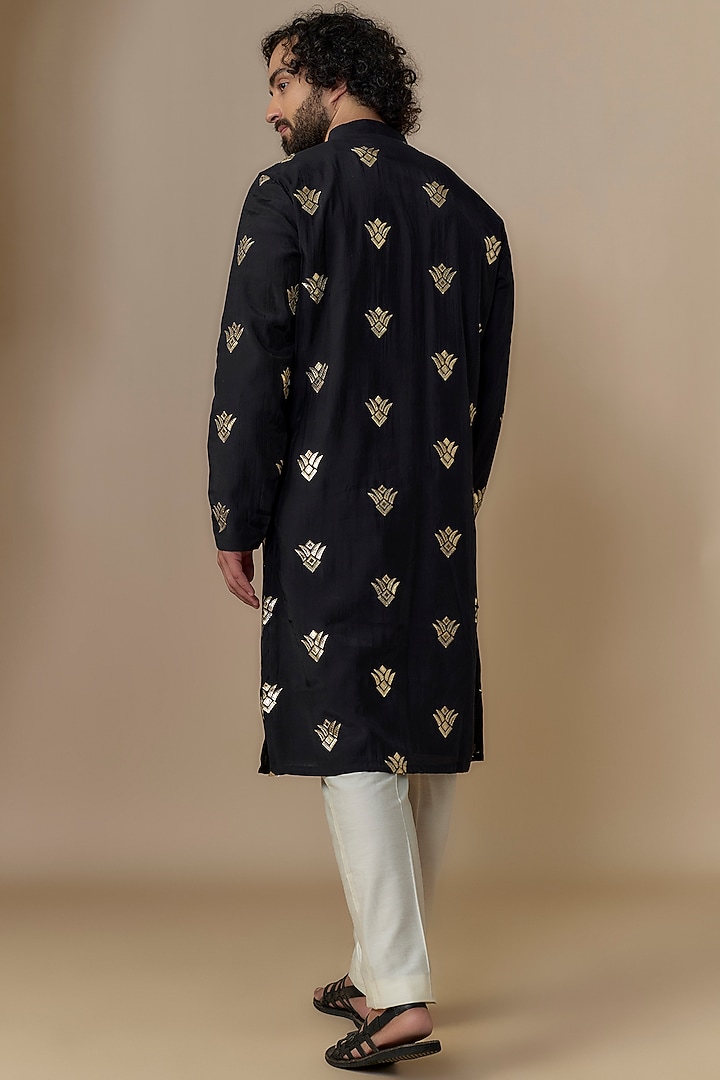 Black Silk Gold Cutwork Kurta Set by Nero by Shaifali & Satya at Pernia's Pop Up Shop