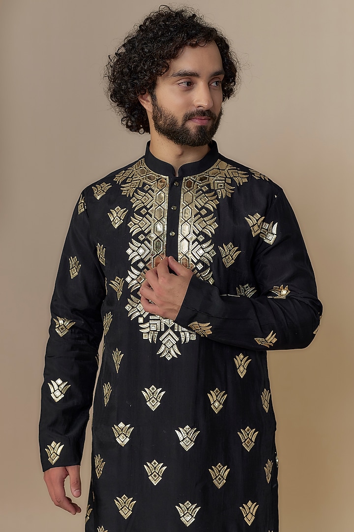 Black Silk Gold Cutwork Kurta Set by Nero by Shaifali & Satya at Pernia's Pop Up Shop