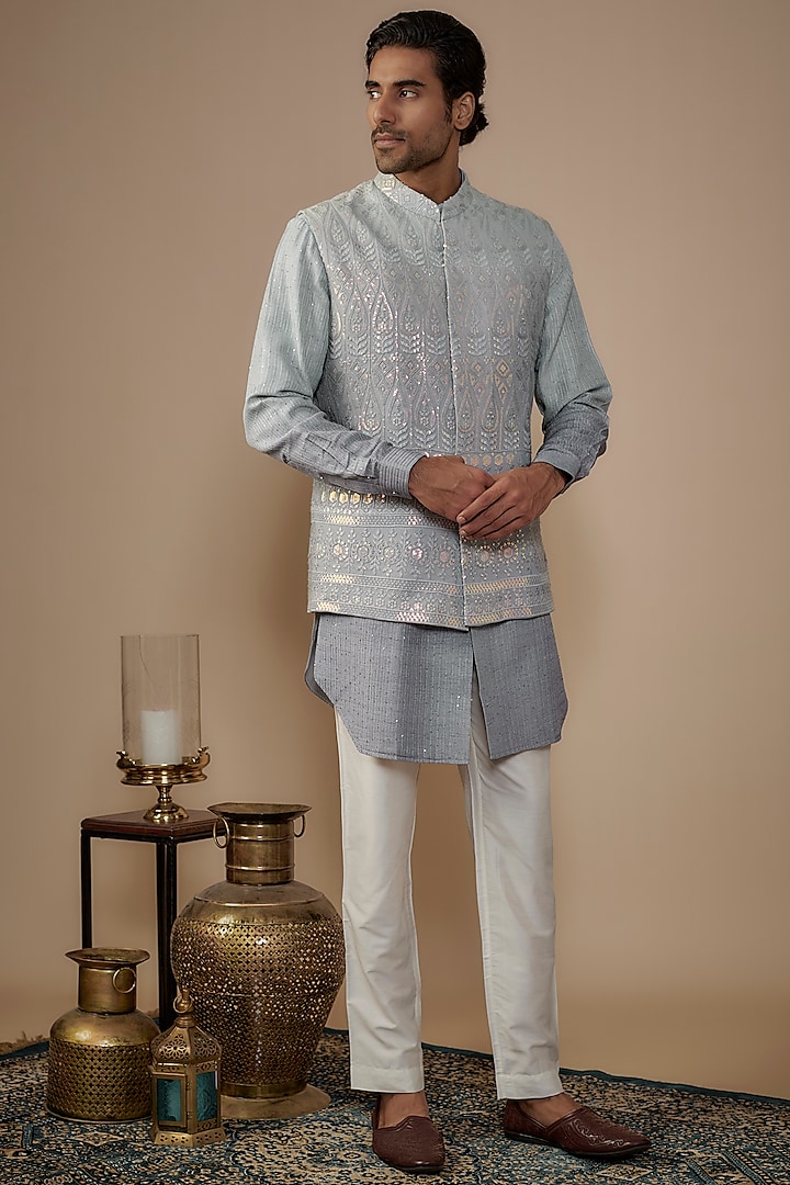 Grey Lucknowi Sequins Embroidered Bundi Jacket Set by Nero by Shaifali & Satya