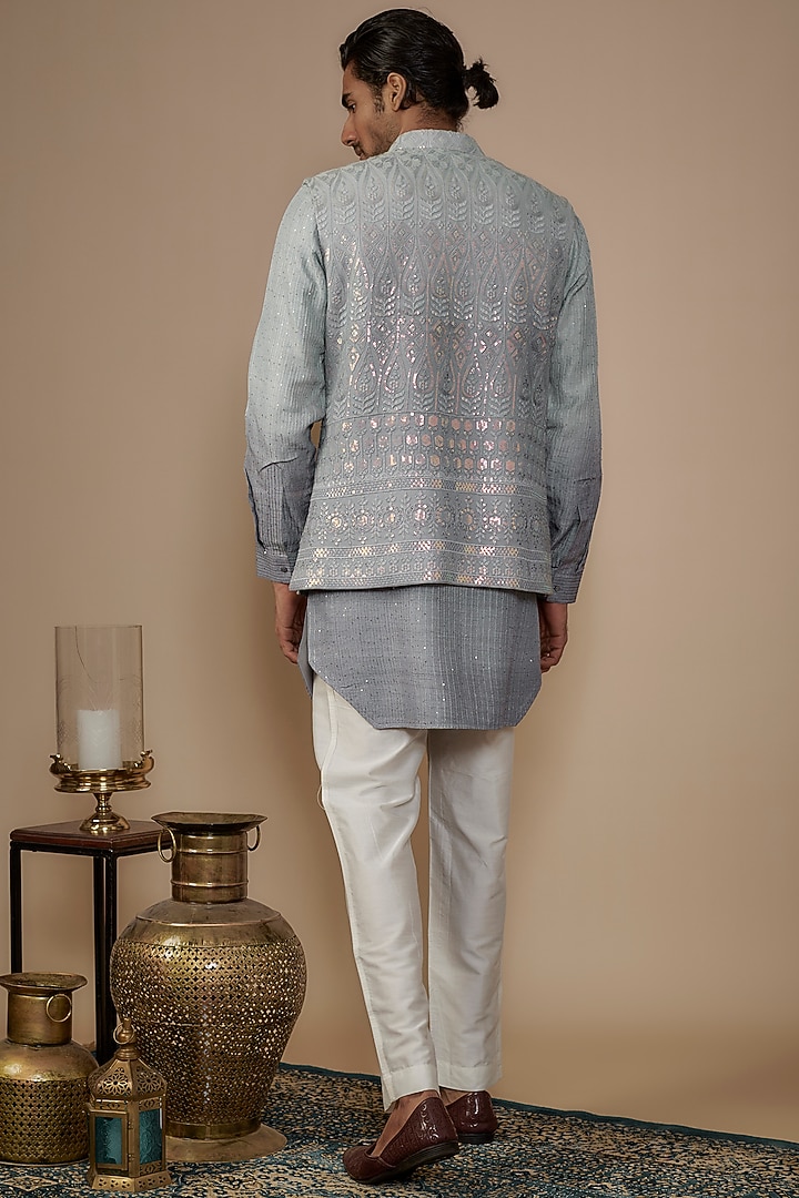Grey Lucknowi Sequins Embroidered Bundi Jacket Set by Nero by Shaifali & Satya at Pernia's Pop Up Shop