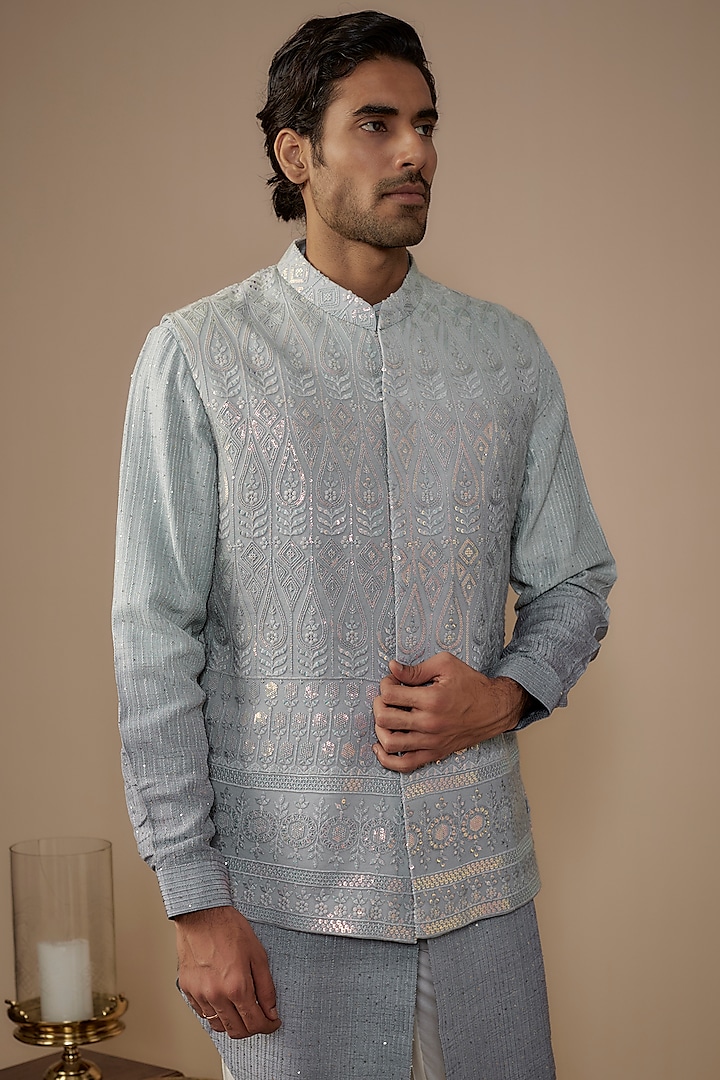 Grey Lucknowi Sequins Embroidered Bundi Jacket Set by Nero by Shaifali & Satya at Pernia's Pop Up Shop