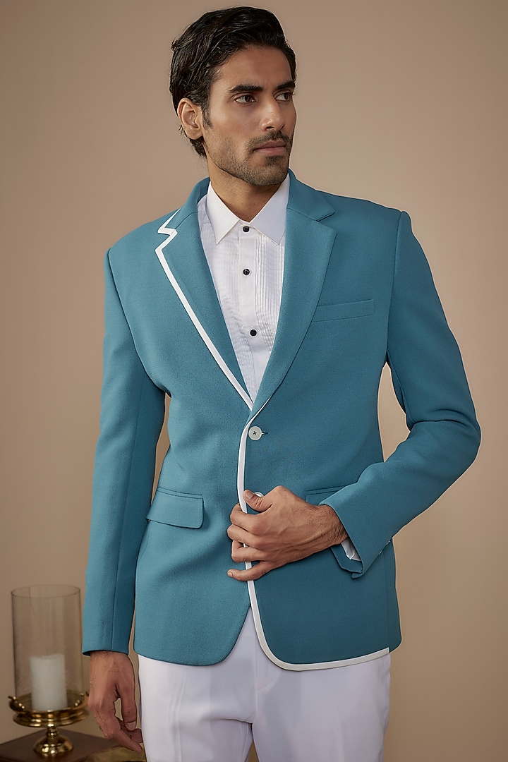 Blue Suiting Blazer Jacket by Nero by Shaifali & Satya at Pernia's Pop Up Shop