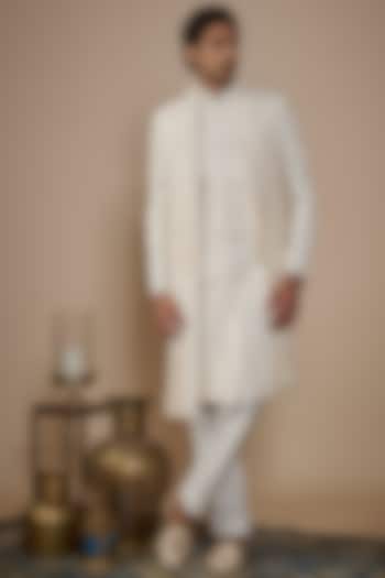 Ivory Silk Hand & Machine Embroidered Groom Sherwani Set by Nero by Shaifali & Satya at Pernia's Pop Up Shop