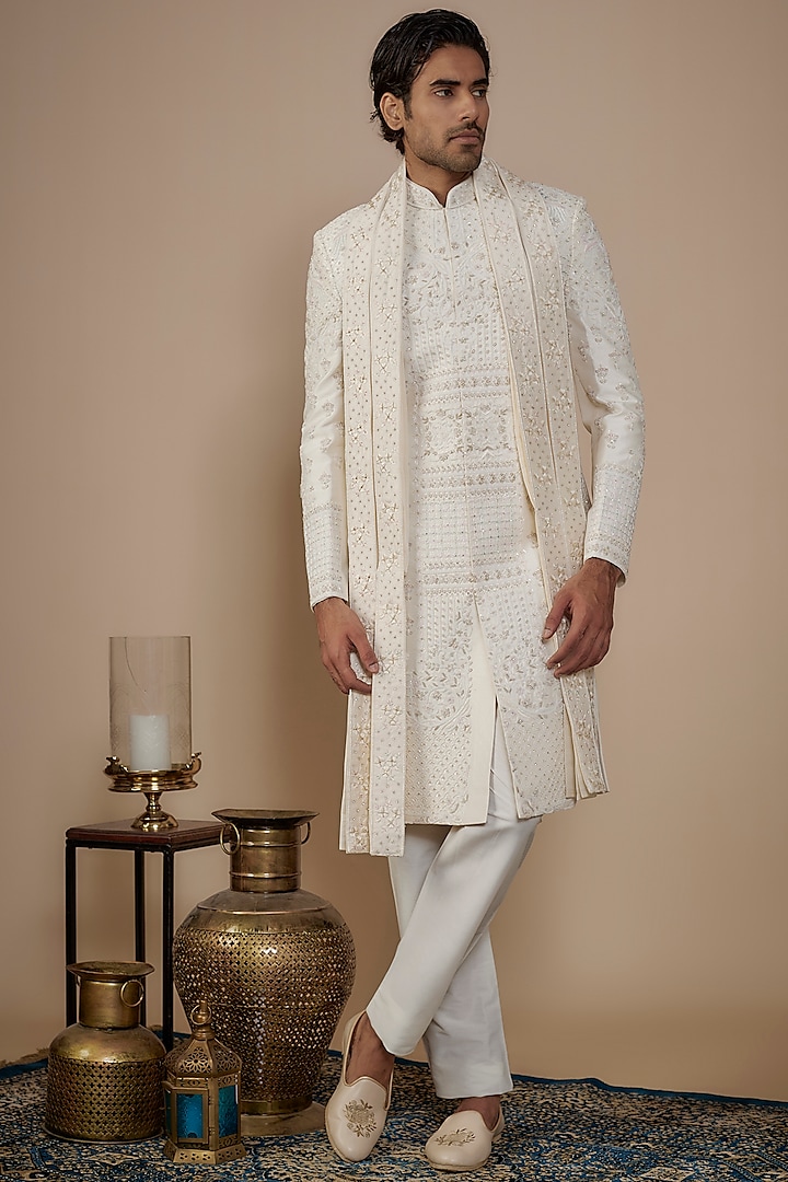 Ivory Silk Hand & Machine Embroidered Groom Sherwani Set by Nero by Shaifali & Satya at Pernia's Pop Up Shop