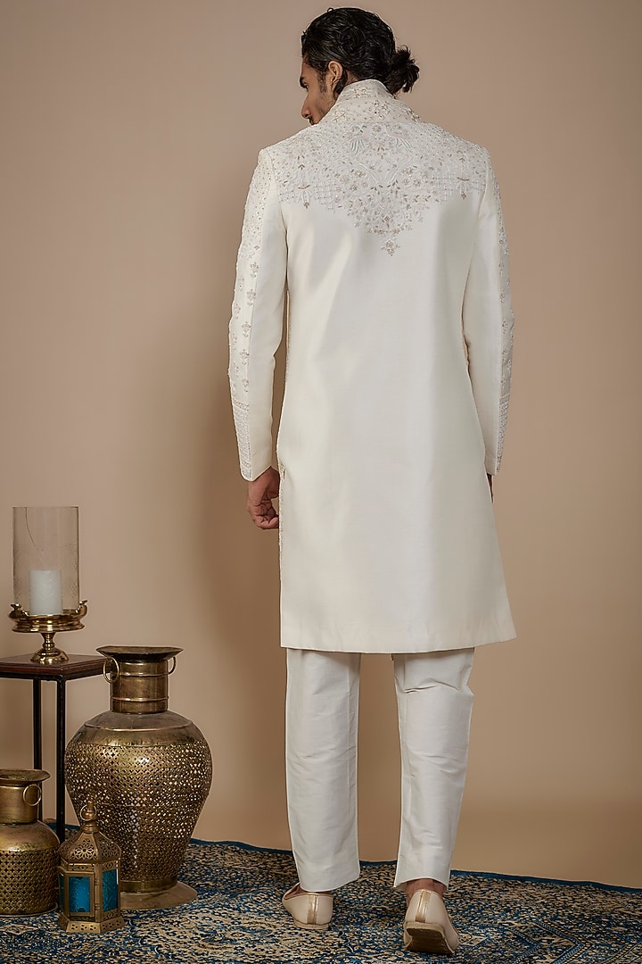 Ivory Silk Hand & Machine Embroidered Groom Sherwani Set by Nero by Shaifali & Satya at Pernia's Pop Up Shop
