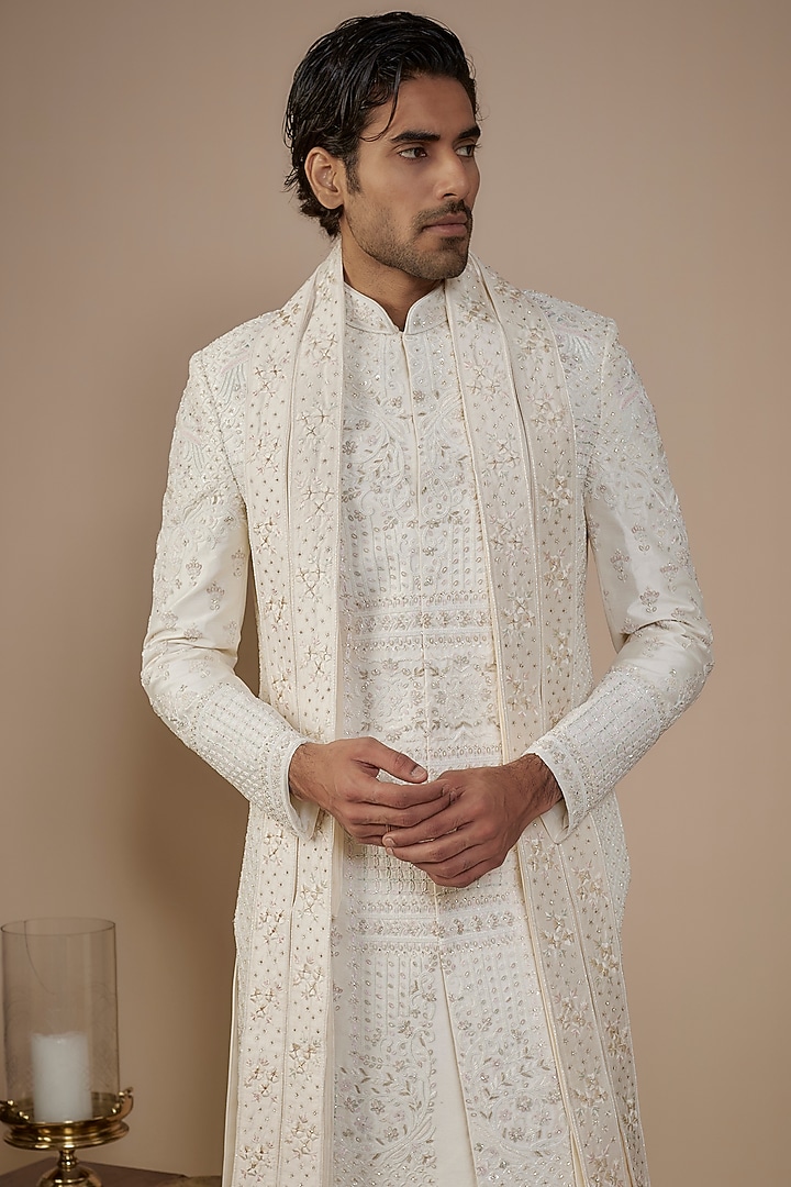 Ivory Silk Hand & Machine Embroidered Groom Sherwani Set by Nero by Shaifali & Satya at Pernia's Pop Up Shop