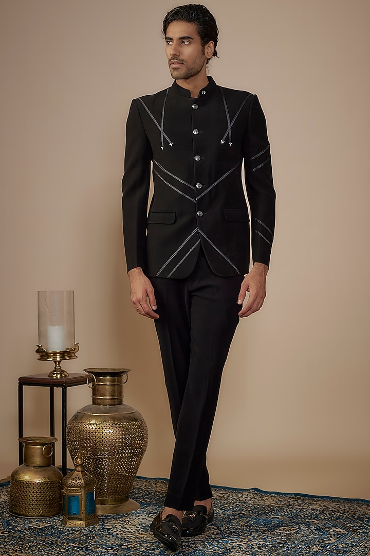 Black Suiting Wedding Bandhgala Set by Nero by Shaifali & Satya at Pernia's Pop Up Shop
