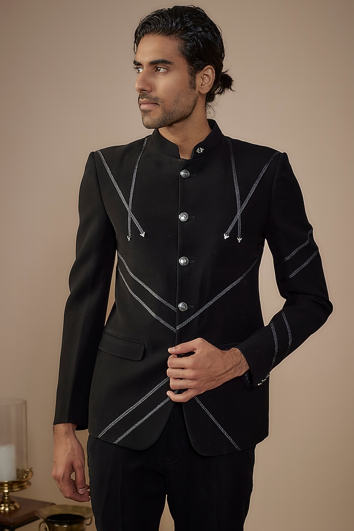 Black Suiting Wedding Bandhgala Set by Nero by Shaifali & Satya at Pernia's Pop Up Shop