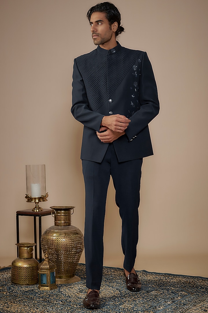Blue Suiting Hand Work Wedding Bandhgala Set by Nero by Shaifali & Satya at Pernia's Pop Up Shop
