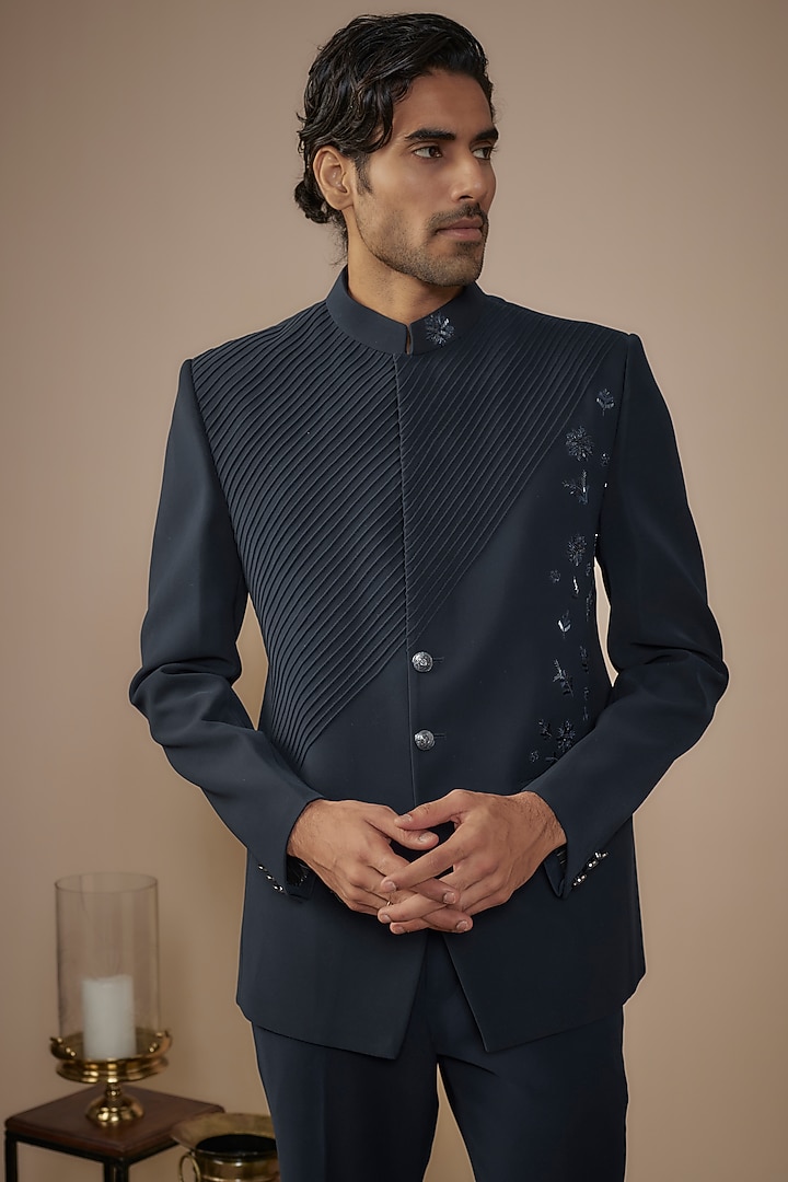 Blue Suiting Hand Work Wedding Bandhgala Set by Nero by Shaifali & Satya at Pernia's Pop Up Shop