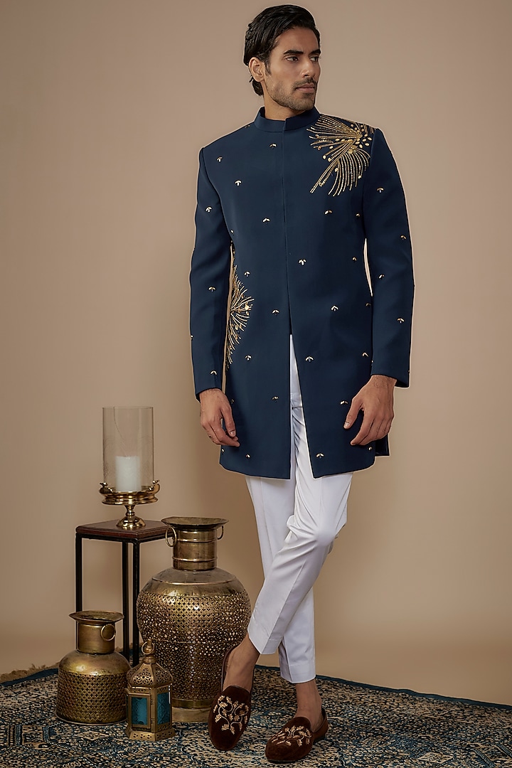 Blue Suiting Gold Hand Work Wedding Sherwani Set by Nero by Shaifali & Satya at Pernia's Pop Up Shop