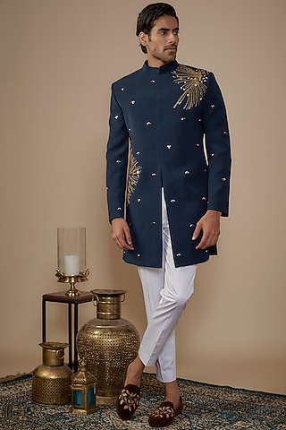 Blue Suiting Gold Hand Work Sherwani Set by Nero by Shaifali & Satya