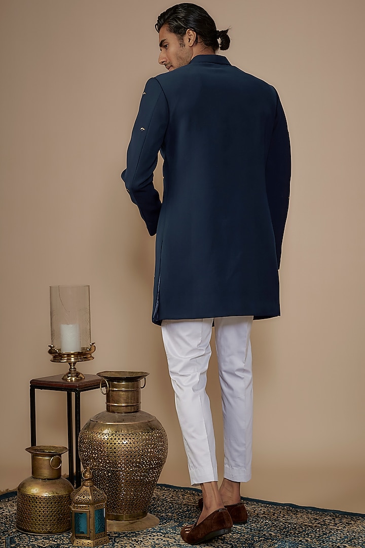 Blue Suiting Gold Hand Work Wedding Sherwani Set by Nero by Shaifali & Satya at Pernia's Pop Up Shop