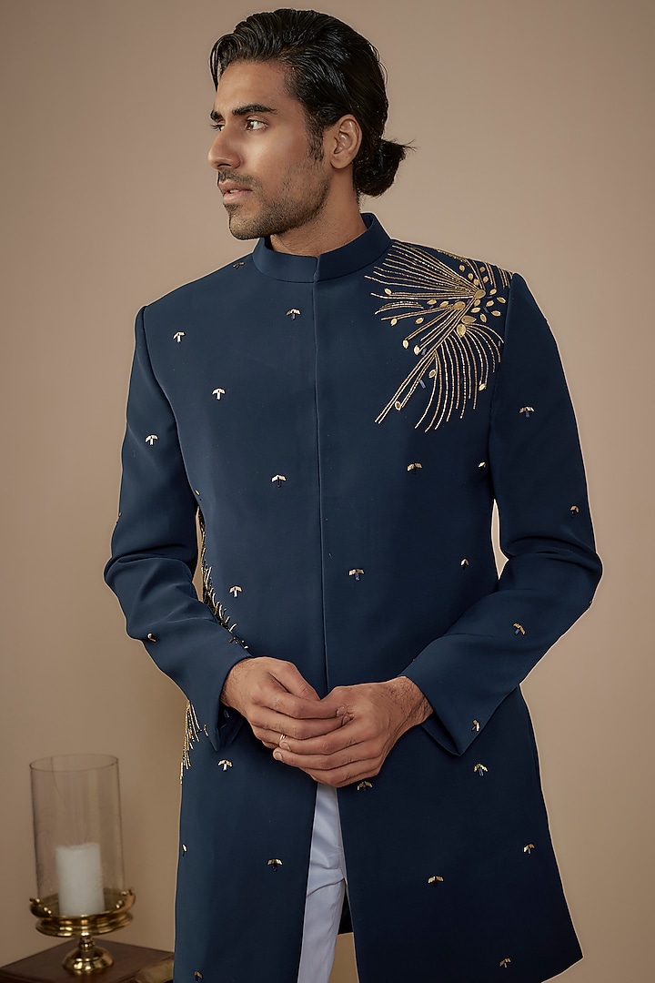 Blue Suiting Gold Hand Work Wedding Sherwani Set by Nero by Shaifali & Satya at Pernia's Pop Up Shop