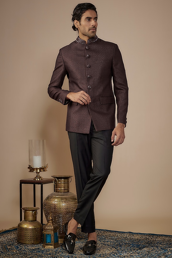 Maroon Suiting Hand Work Bandhgala Set by Nero by Shaifali & Satya