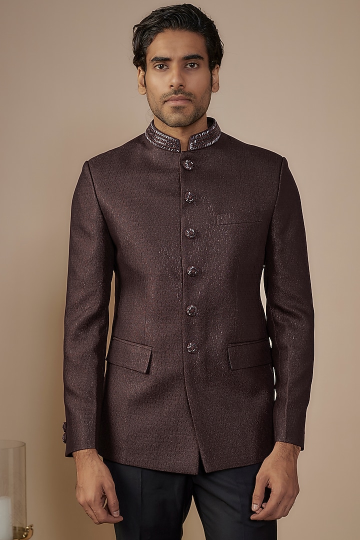 Maroon Suiting Hand Work Wedding Bandhgala Set by Nero by Shaifali & Satya at Pernia's Pop Up Shop