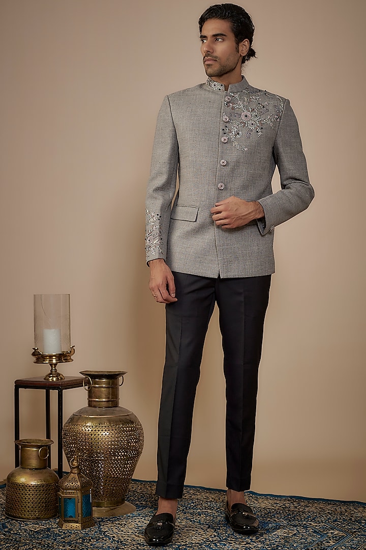 Grey Suiting Hand Work Bandhgala Set by Nero by Shaifali & Satya