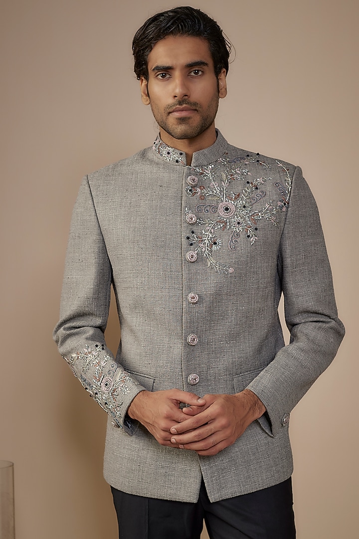 Grey Suiting Hand Work Wedding Bandhgala Set by Nero by Shaifali & Satya at Pernia's Pop Up Shop