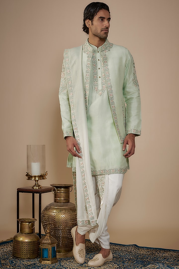 Green Silk Hand & Machine Work Indo-Western Set by Nero by Shaifali & Satya at Pernia's Pop Up Shop