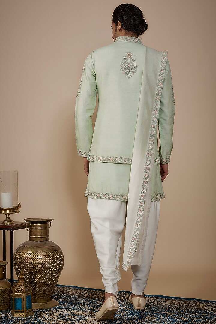 Green Silk Hand & Machine Work Indo-Western Set by Nero by Shaifali & Satya at Pernia's Pop Up Shop