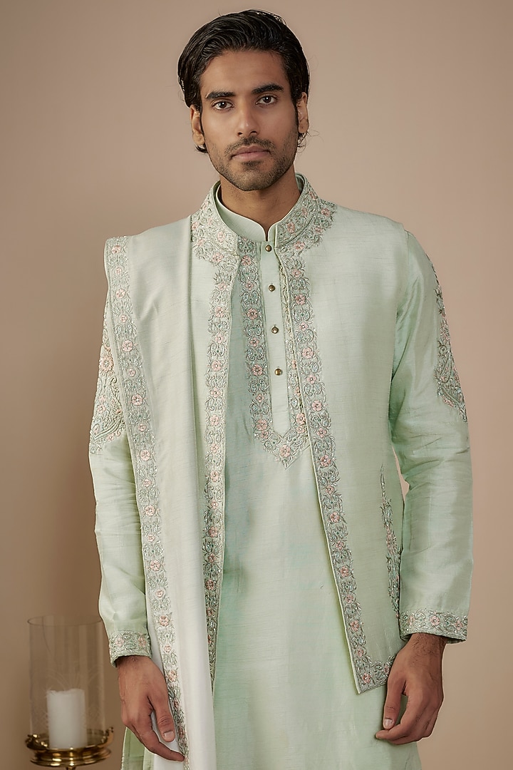 Green Silk Hand & Machine Work Indo-Western Set by Nero by Shaifali & Satya at Pernia's Pop Up Shop