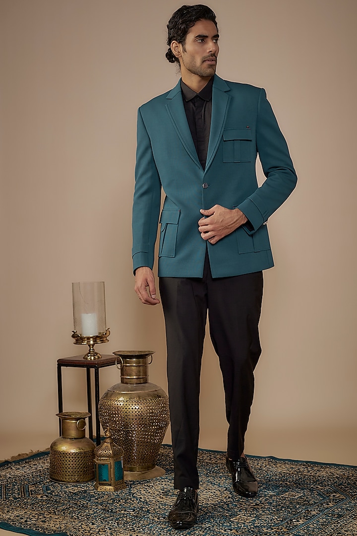 Teal Blue Suiting Blazer Jacket by Nero by Shaifali & Satya