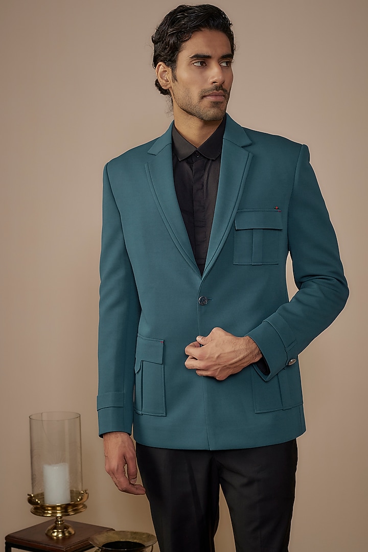 Teal Blue Suiting Blazer Jacket by Nero by Shaifali & Satya at Pernia's Pop Up Shop