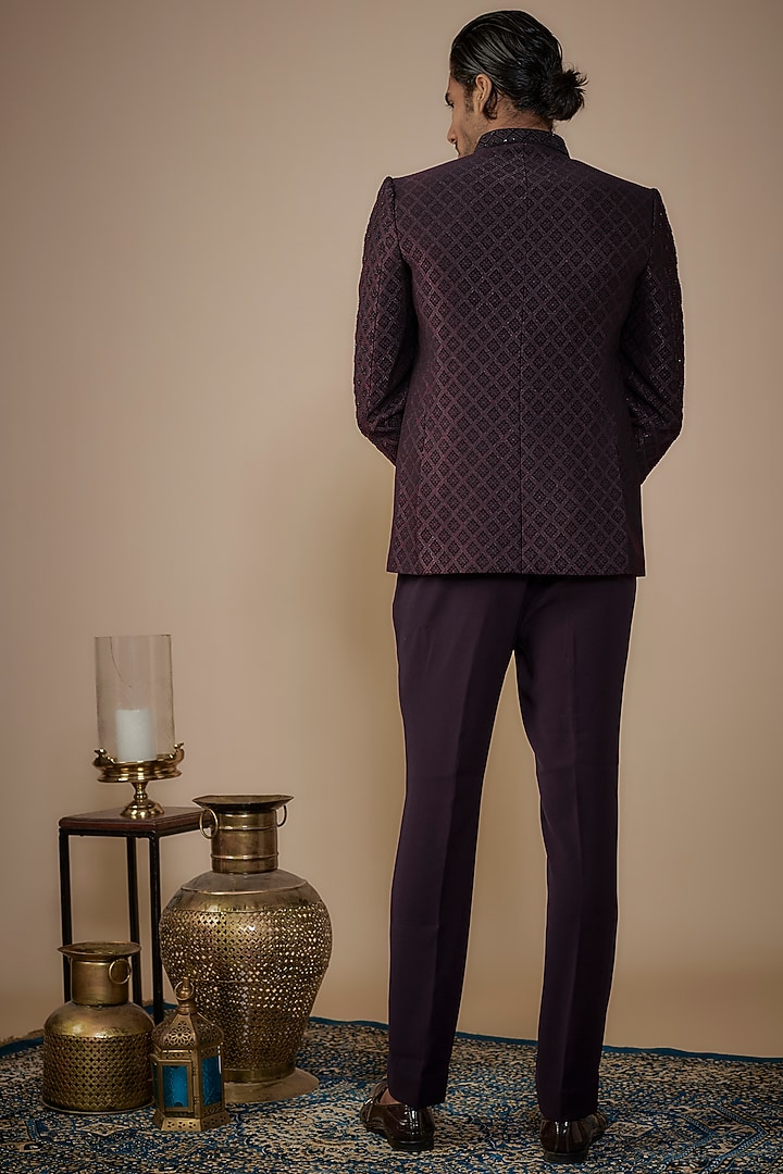 Wine Suiting Hand Work Wedding Bandhgala Set by Nero by Shaifali & Satya at Pernia's Pop Up Shop