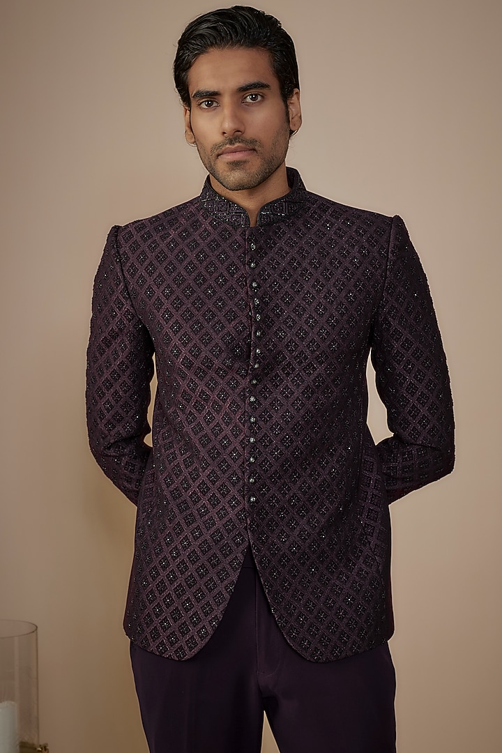 Wine Suiting Hand Work Wedding Bandhgala Set by Nero by Shaifali & Satya at Pernia's Pop Up Shop