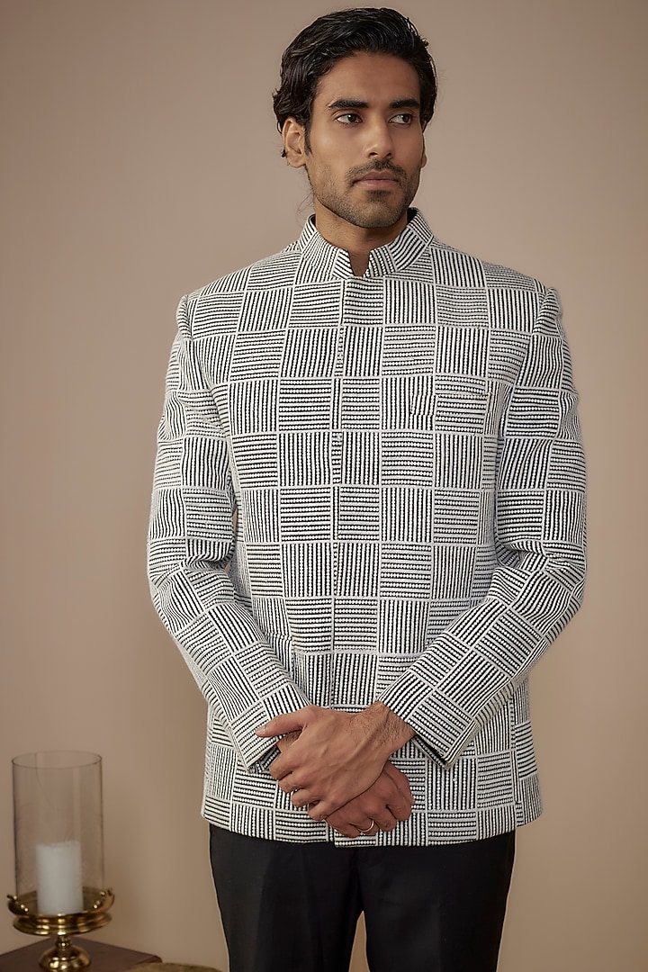 Black & White Lucknowi Thread Embroidered Wedding Bandhgala Set by Nero by Shaifali & Satya at Pernia's Pop Up Shop