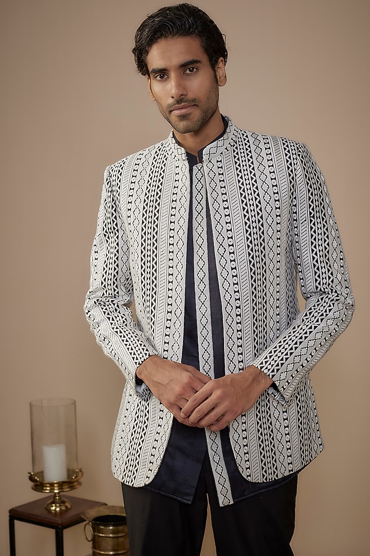 Black Lucknowi Thread Embroidered Indo-Western Jacket Set by Nero by Shaifali & Satya at Pernia's Pop Up Shop