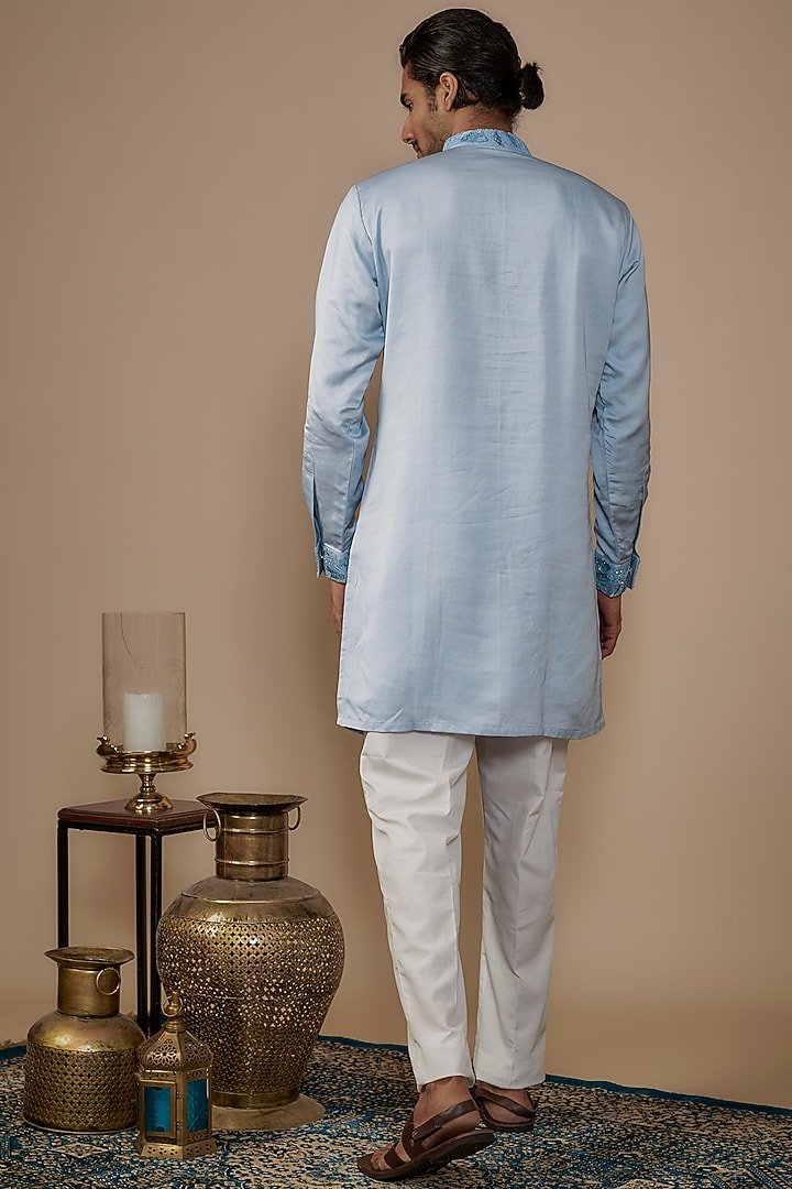 Blue Silk Hand Work Kurta Set by Nero by Shaifali & Satya at Pernia's Pop Up Shop