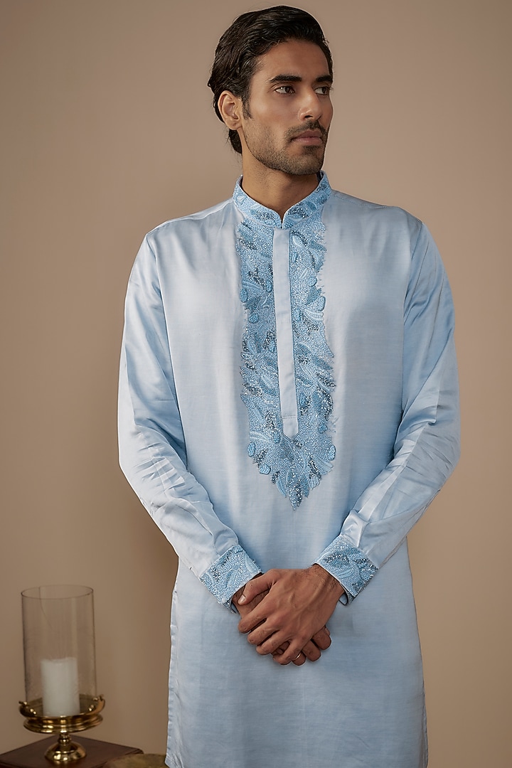 Blue Silk Hand Work Kurta Set by Nero by Shaifali & Satya at Pernia's Pop Up Shop
