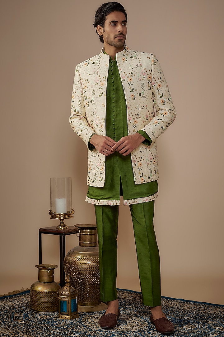 Green Silk Thread Embroidered Indo-Western Jacket Set by Nero by Shaifali & Satya