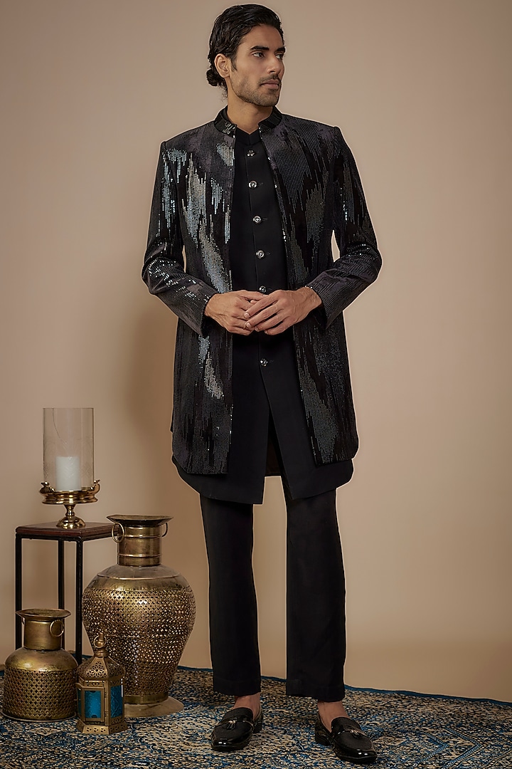 Black Suiting Sequins Work Jacket Set by Nero by Shaifali & Satya