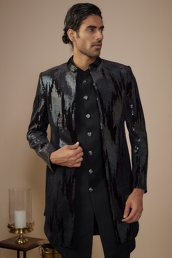 Black Suiting Sequins Work Jacket Set by Nero by Shaifali & Satya at Pernia's Pop Up Shop