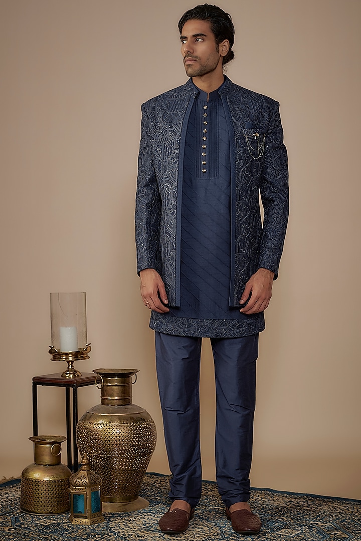 Blue Silk Thread Work Jacket Set by Nero by Shaifali & Satya at Pernia's Pop Up Shop