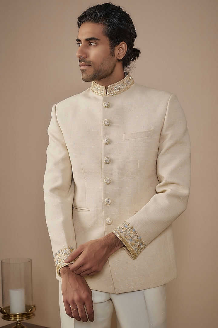 Ivory Suiting Hand Work Wedding Bandhgala Set by Nero by Shaifali & Satya at Pernia's Pop Up Shop