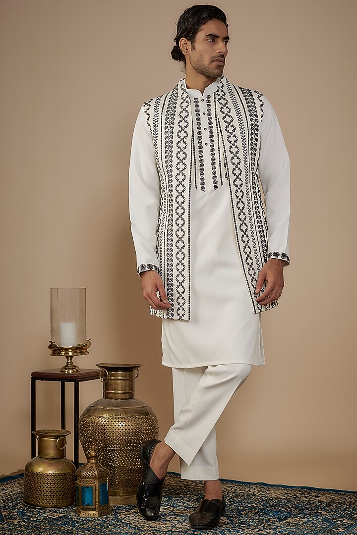 White Silk Thread Embroidered Bundi Jacket Set by Nero by Shaifali & Satya at Pernia's Pop Up Shop