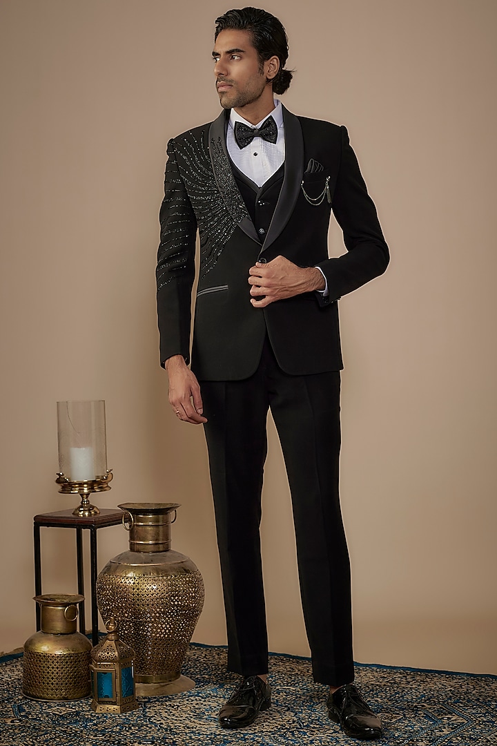 Black Suiting Hand Work Tuxedo Set by Nero by Shaifali & Satya at Pernia's Pop Up Shop